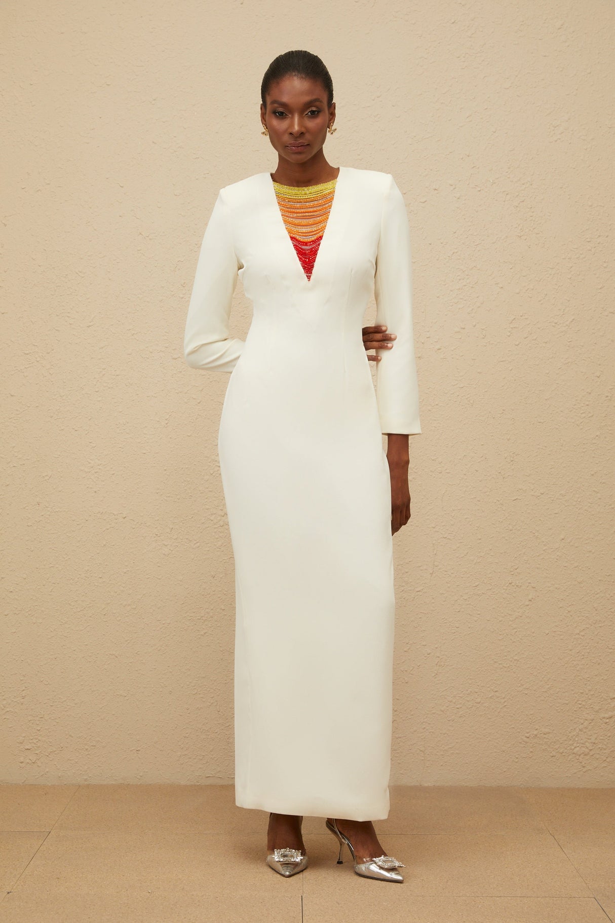 Aurohaya Rosée White Rhinestone Bead Embellished Maxi Dress