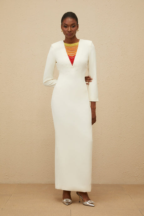Aurohaya Rosée White Rhinestone Bead Embellished Maxi Dress