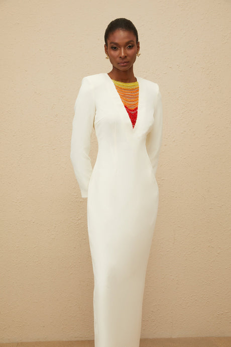 Aurohaya Rosée White Rhinestone Bead Embellished Maxi Dress