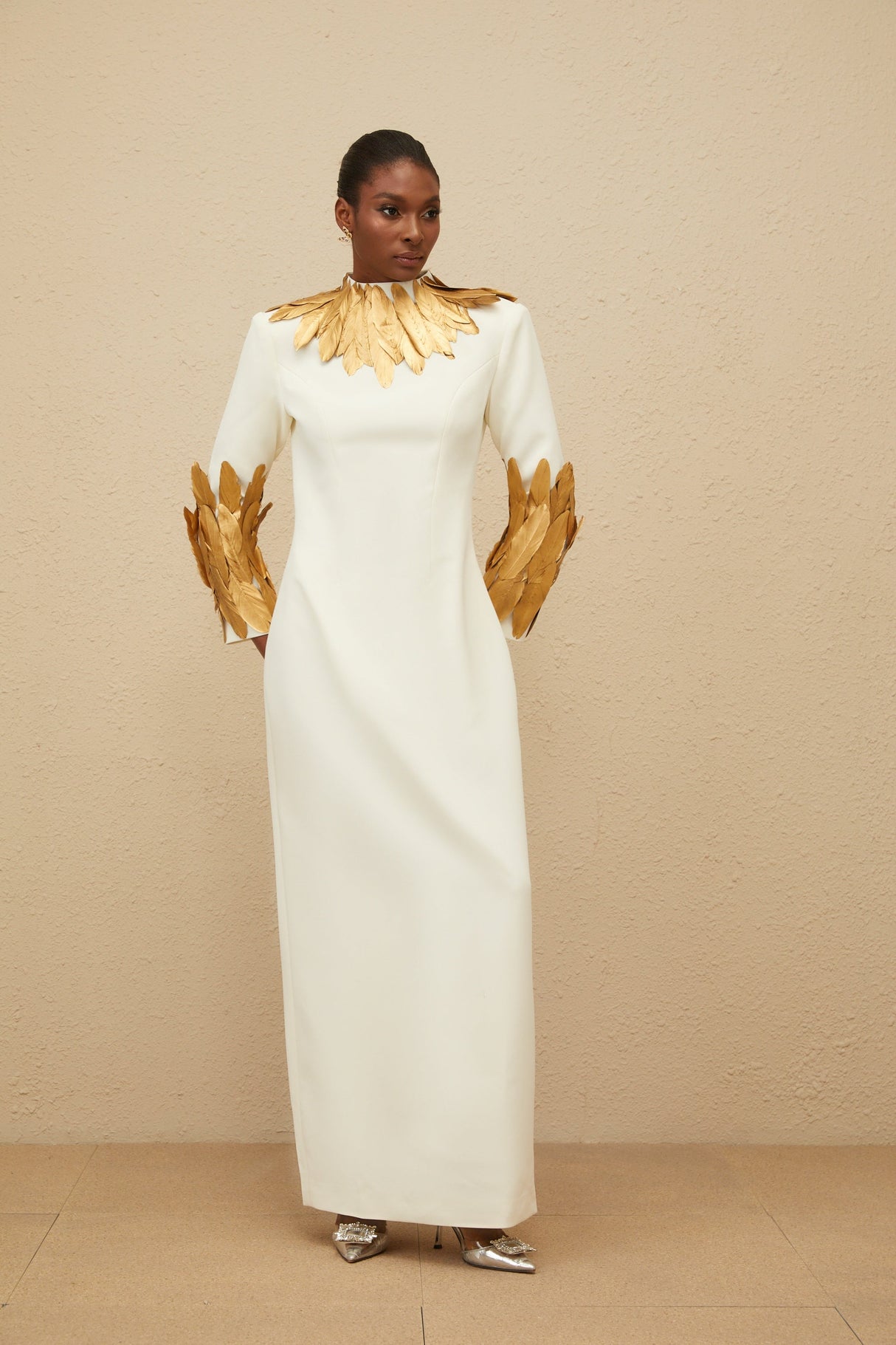 Aurohaya Nocturne White Feather-Trim Maxi Dress
