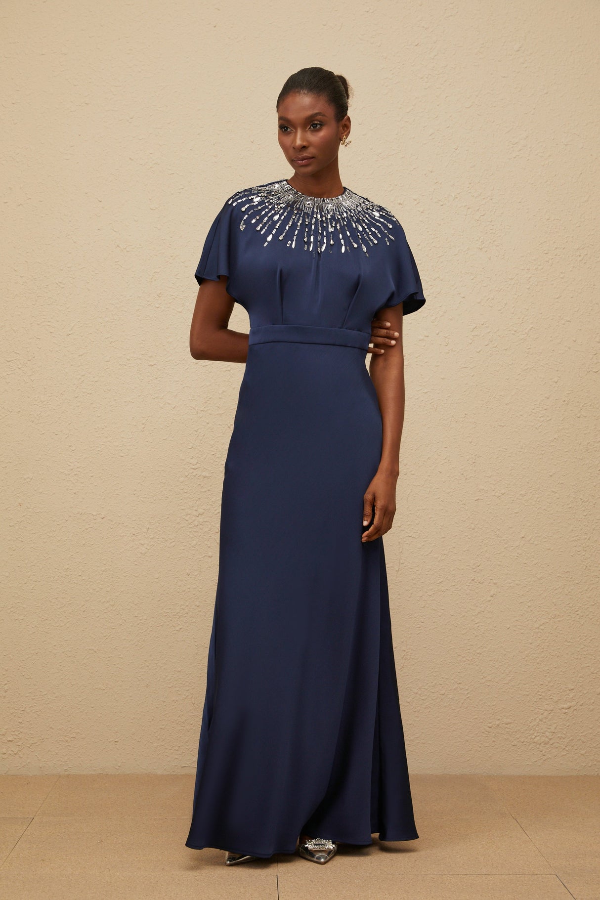 Aurohaya Ombrage Blue Embellished Satin Maxi Dress