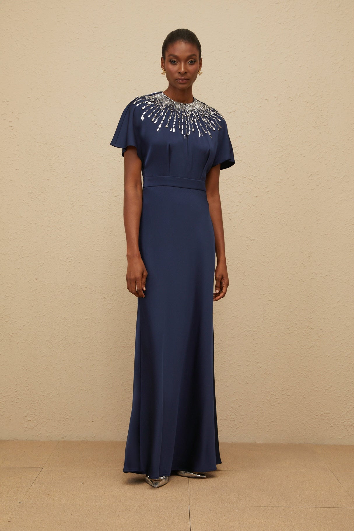 Aurohaya Ombrage Blue Embellished Satin Maxi Dress