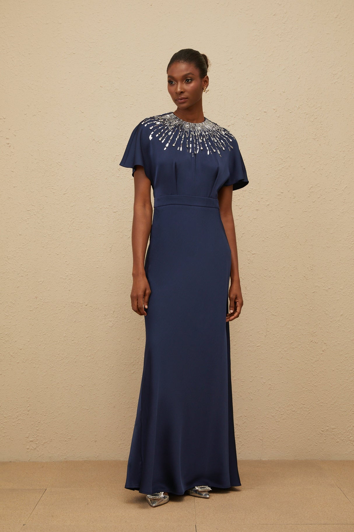 Aurohaya Ombrage Blue Embellished Satin Maxi Dress