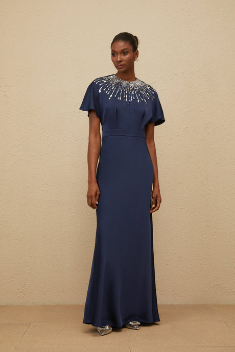 Aurohaya Ombrage Blue Embellished Satin Maxi Dress