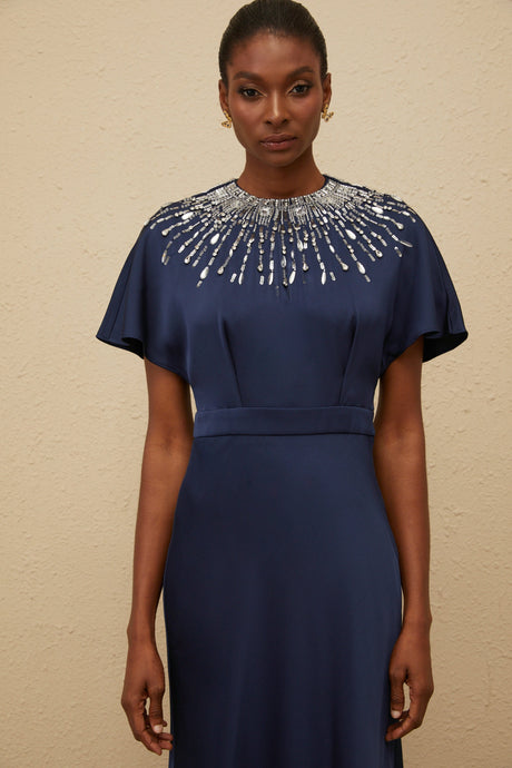 Aurohaya Ombrage Blue Embellished Satin Maxi Dress