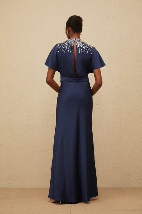 Aurohaya Ombrage Blue Embellished Satin Maxi Dress