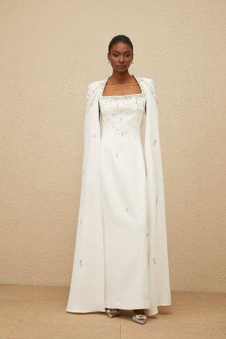 Aurohaya Épuré White Embellished Cape Gown