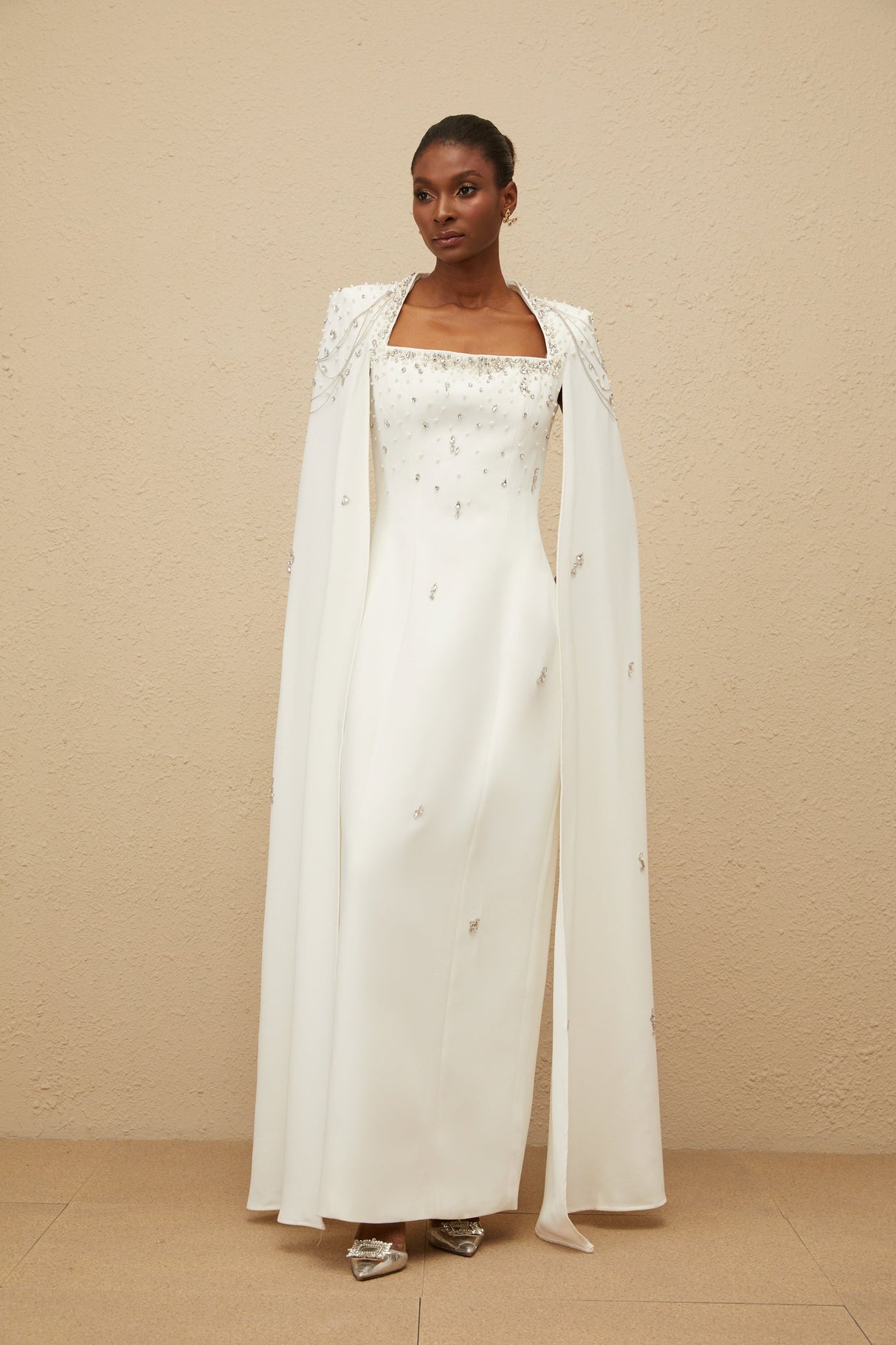 Aurohaya Épuré White Embellished Cape Gown