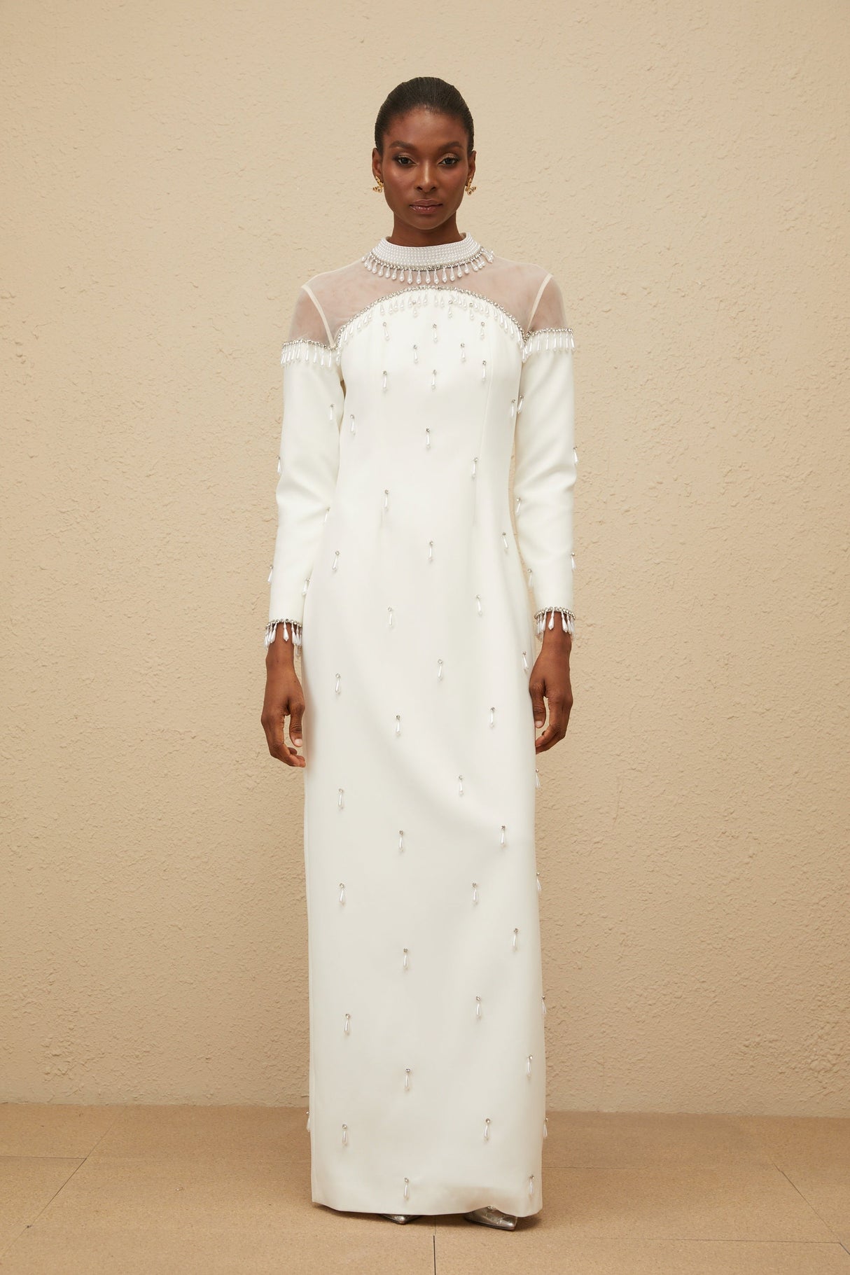 Aurohaya Céline White Embellished Evening Maxi Gown