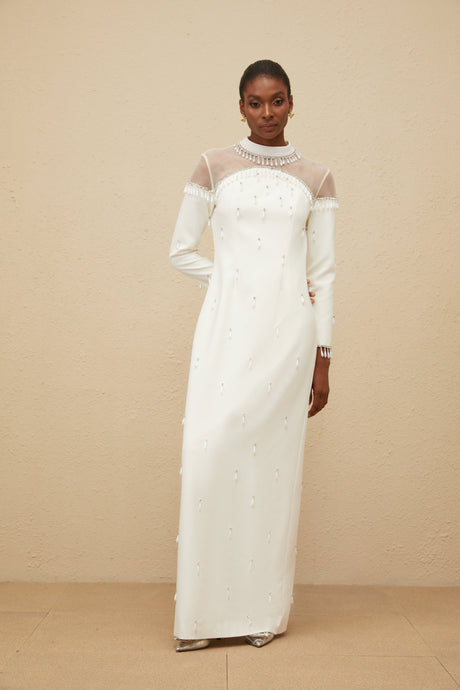 Aurohaya Céline White Embellished Evening Maxi Gown