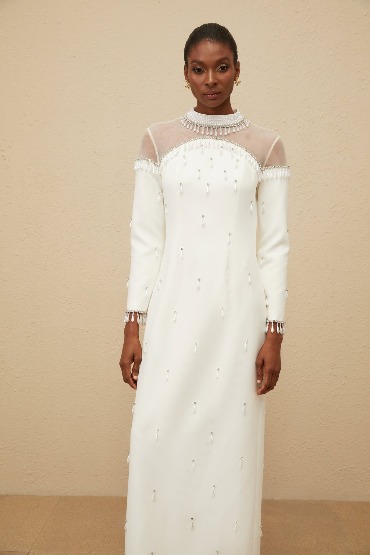 Aurohaya Céline White Embellished Evening Maxi Gown
