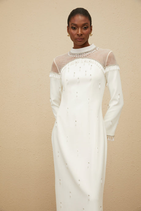 Aurohaya Céline White Embellished Evening Maxi Gown