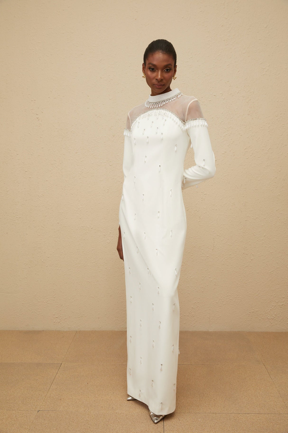 Aurohaya Céline White Embellished Evening Maxi Gown