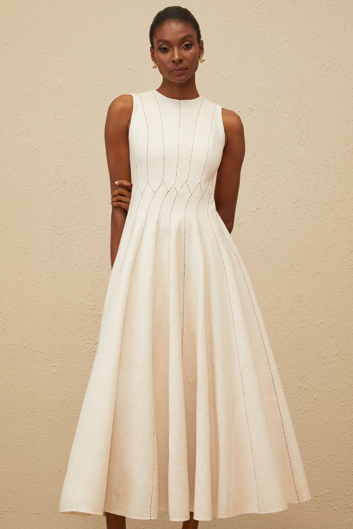 Aurohaya Délicatesse Neutral Shirred Textured Midi Dress