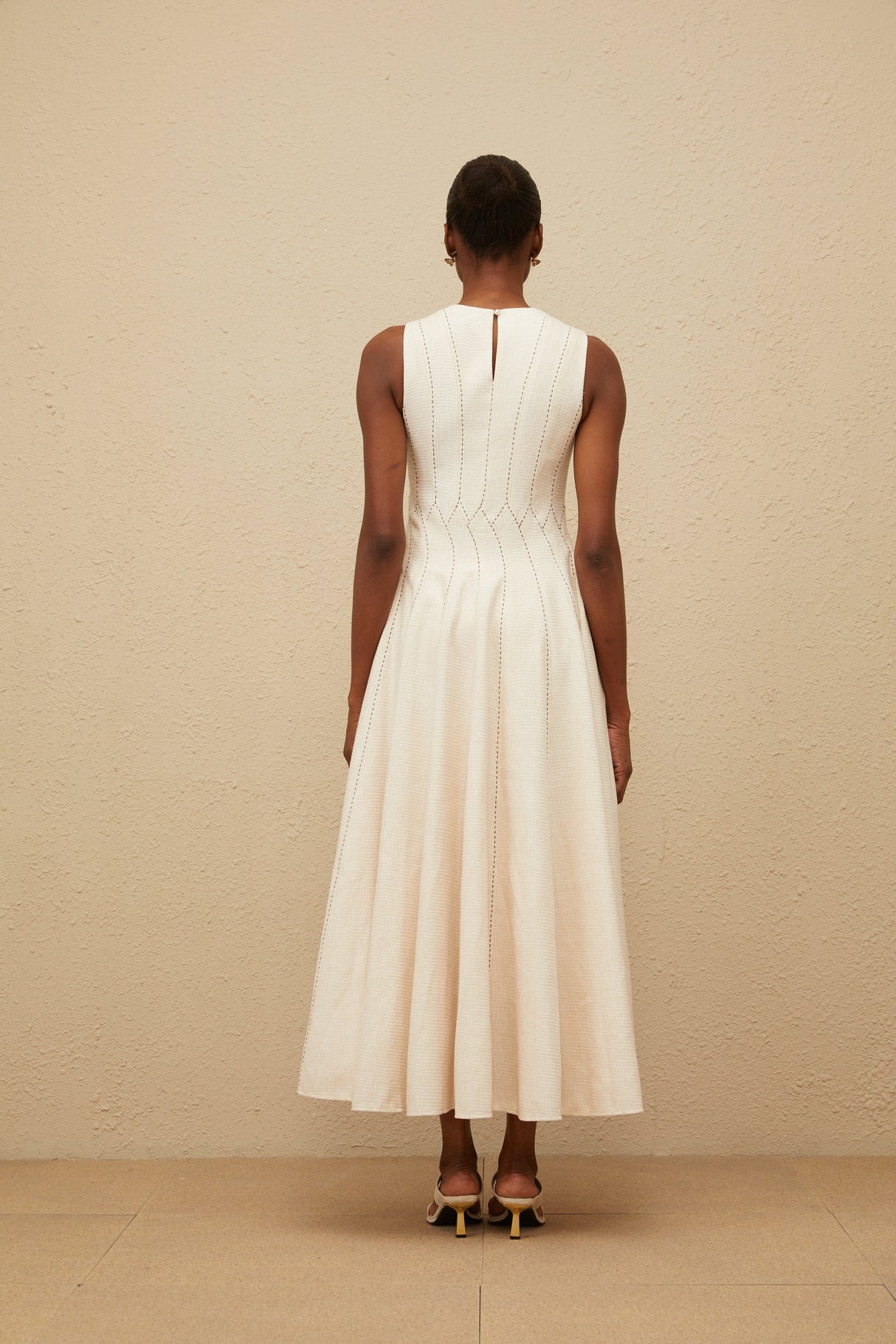 Aurohaya Délicatesse Neutral Shirred Textured Midi Dress
