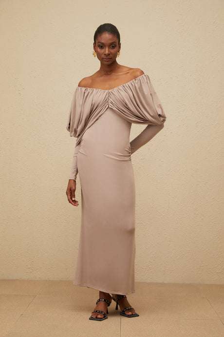 Aurohaya Roxane Grey Ruched Shift Midi Dress