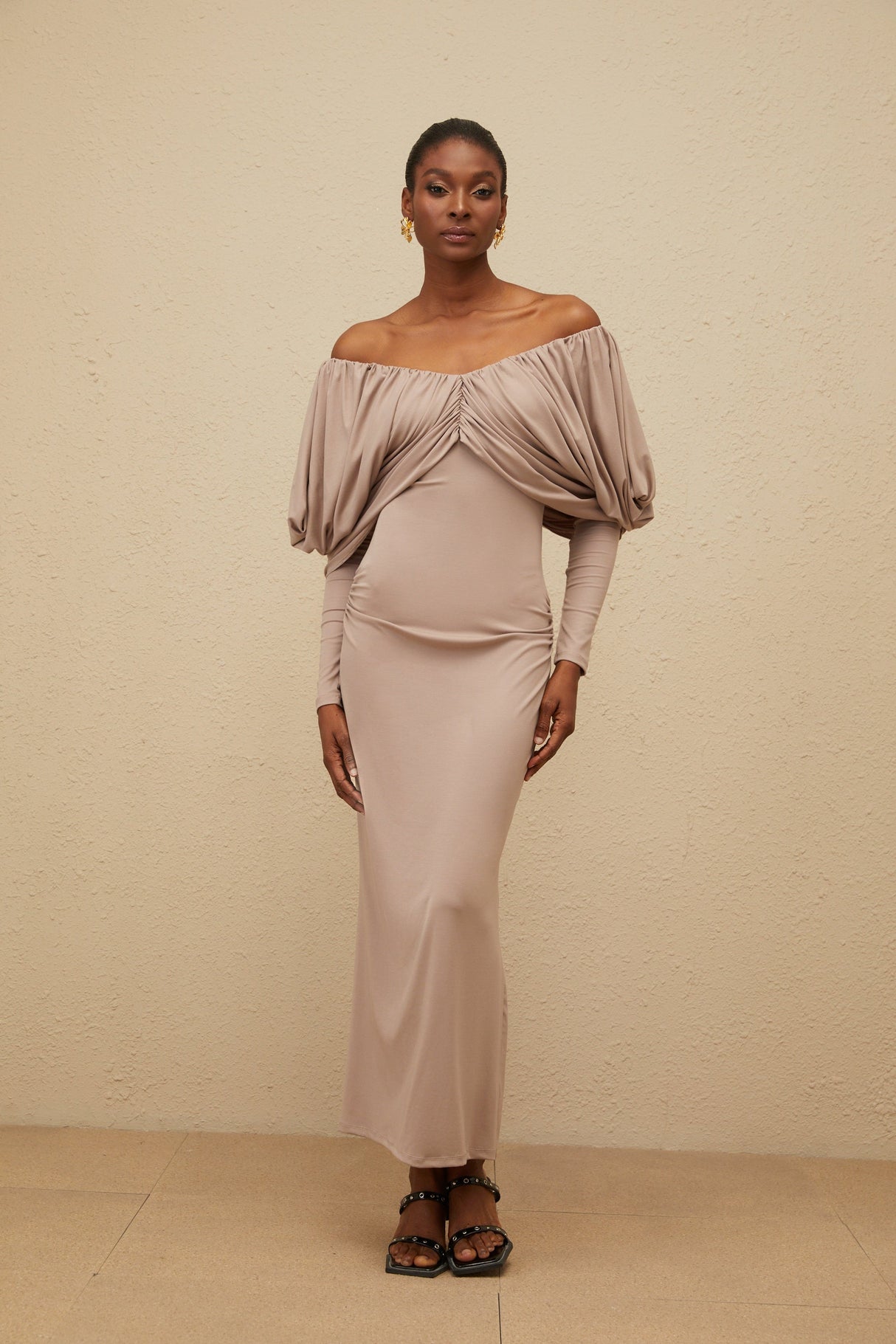 Aurohaya Roxane Grey Ruched Shift Midi Dress