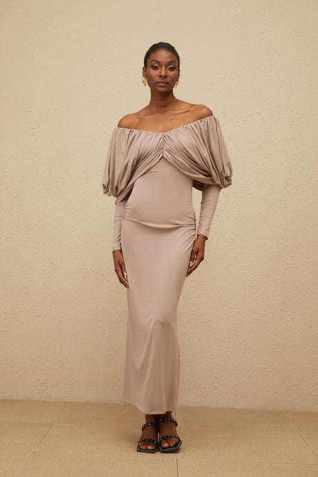 Aurohaya Roxane Grey Ruched Shift Midi Dress