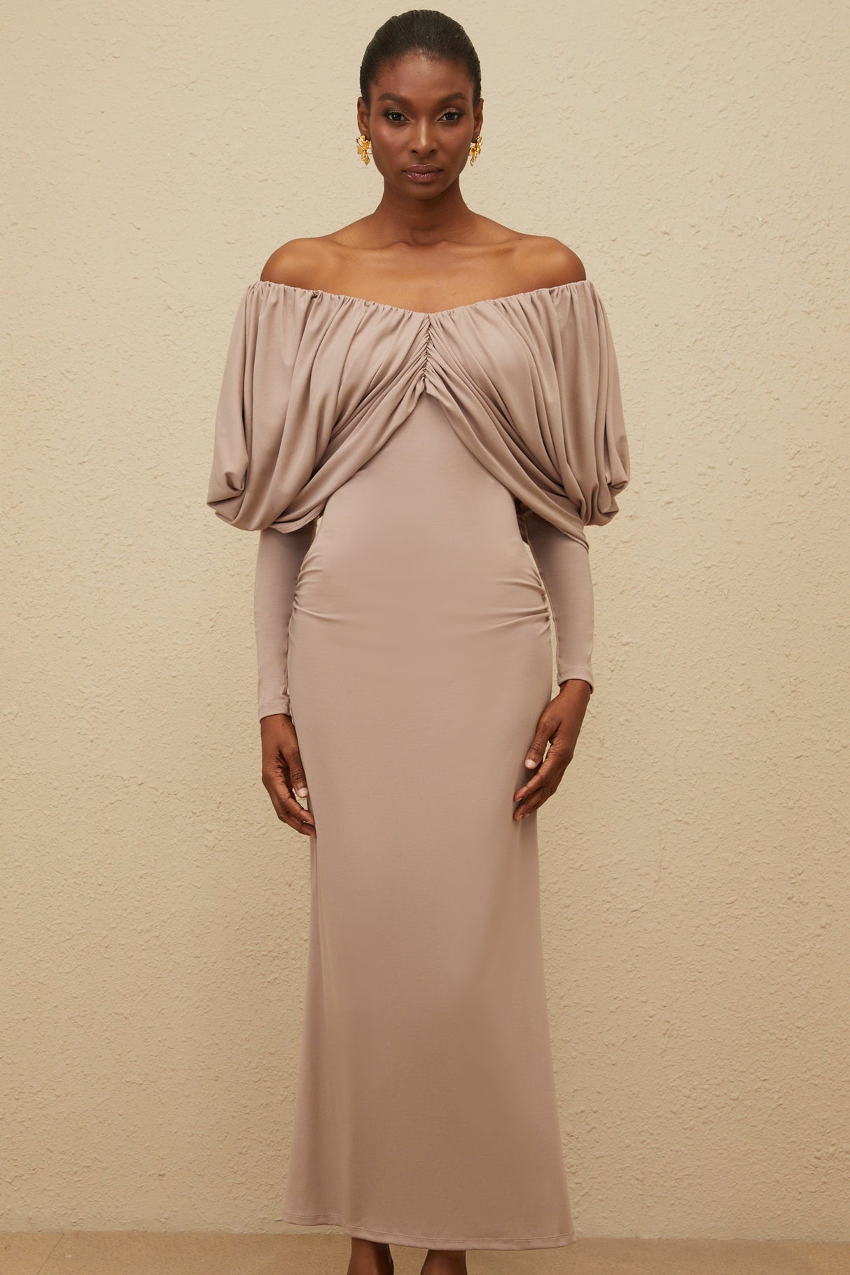 Aurohaya Roxane Grey Ruched Shift Midi Dress