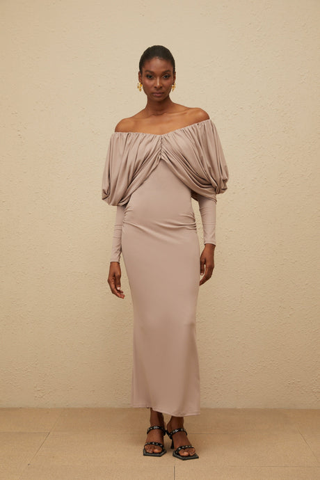 Aurohaya Roxane Grey Ruched Shift Midi Dress