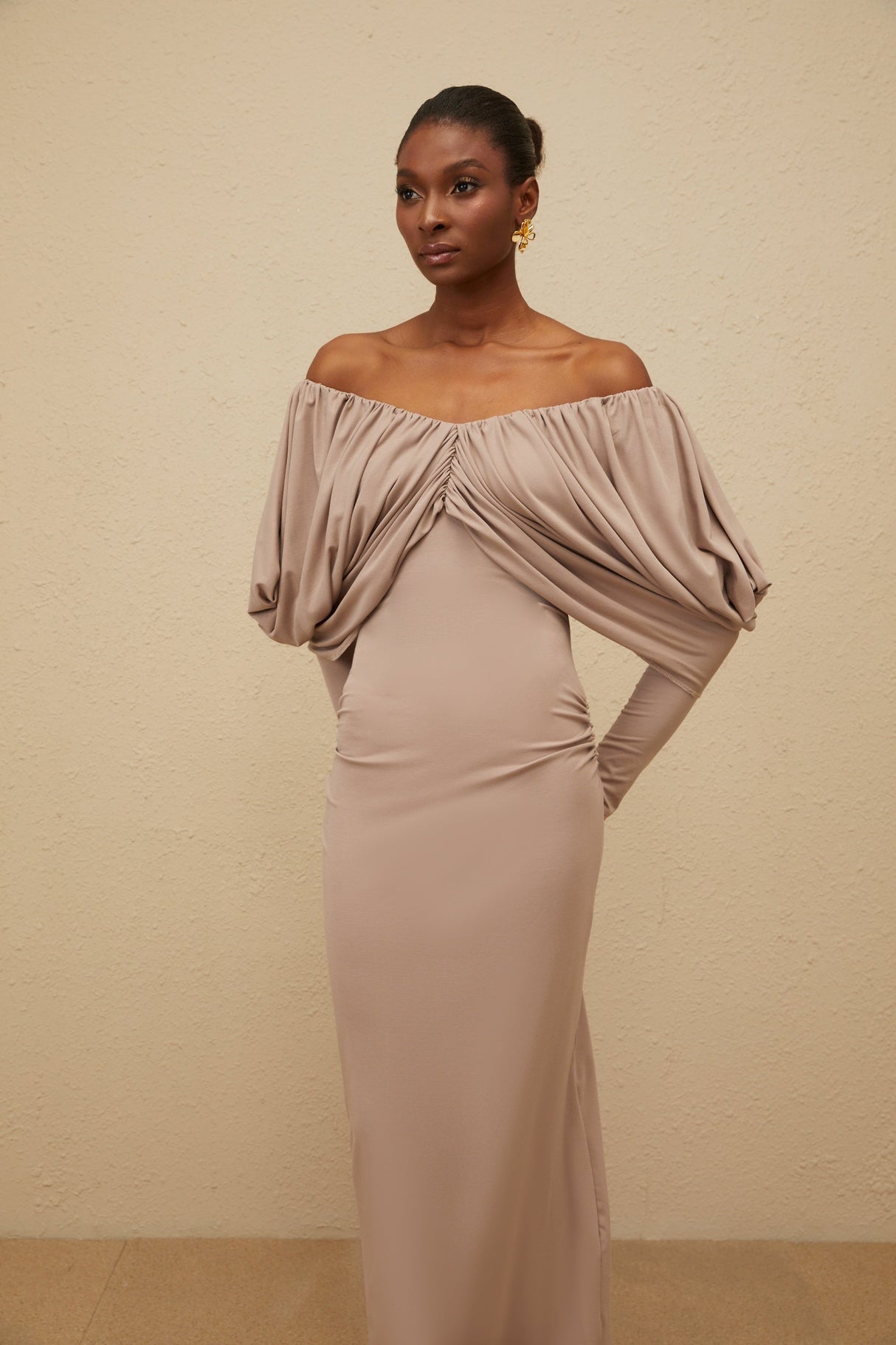 Aurohaya Roxane Grey Ruched Shift Midi Dress