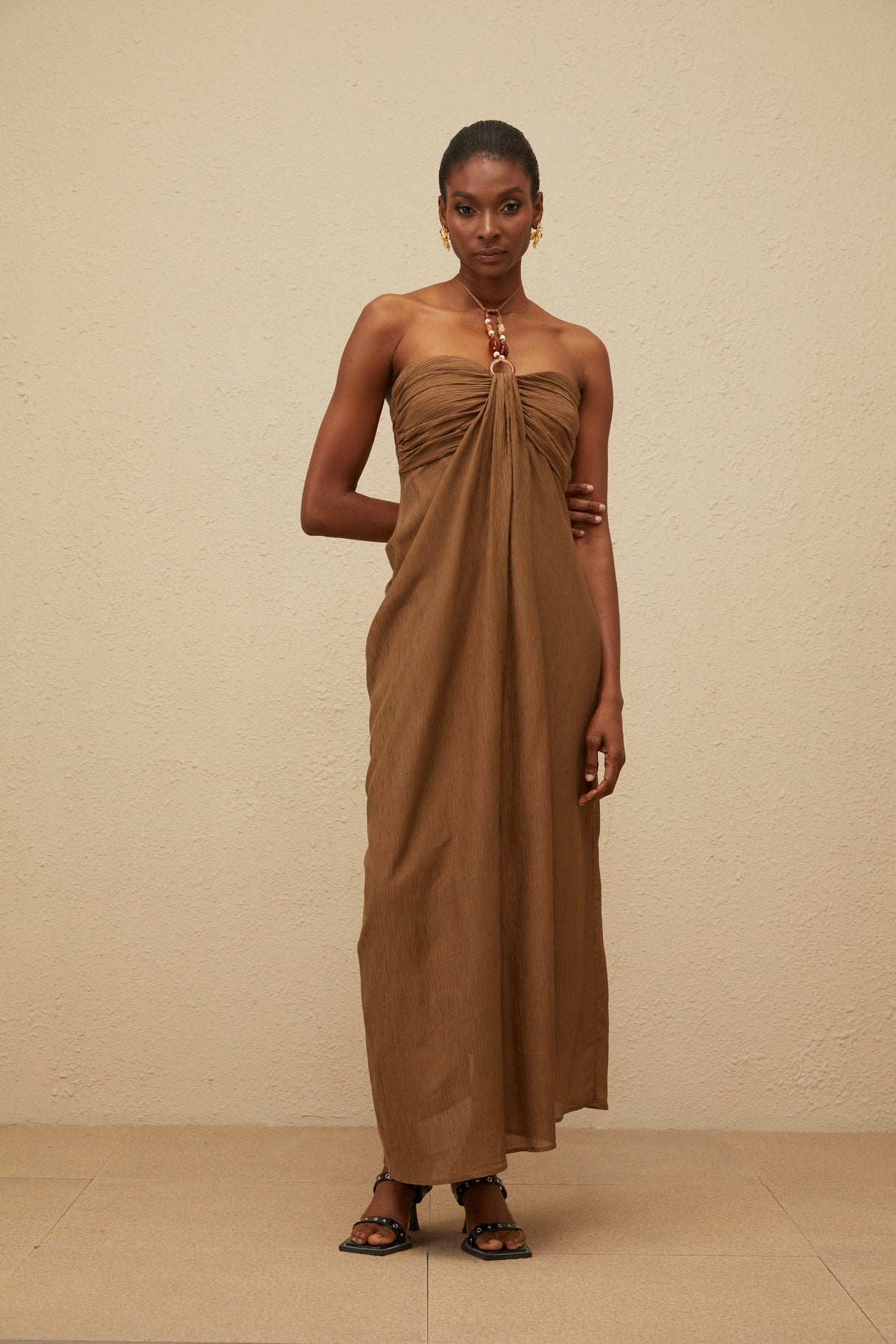 Aurohaya Ludivine Brown Ruched Maxi Dress with Beaded Straps
