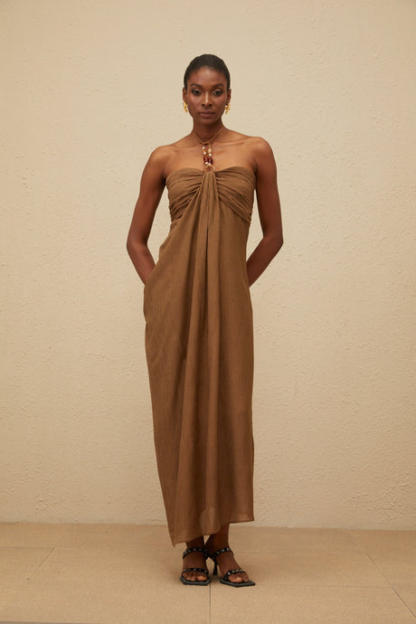 Aurohaya Ludivine Brown Ruched Maxi Dress with Beaded Straps