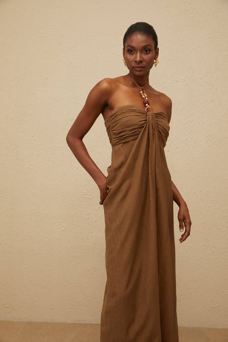 Aurohaya Ludivine Brown Ruched Maxi Dress with Beaded Straps