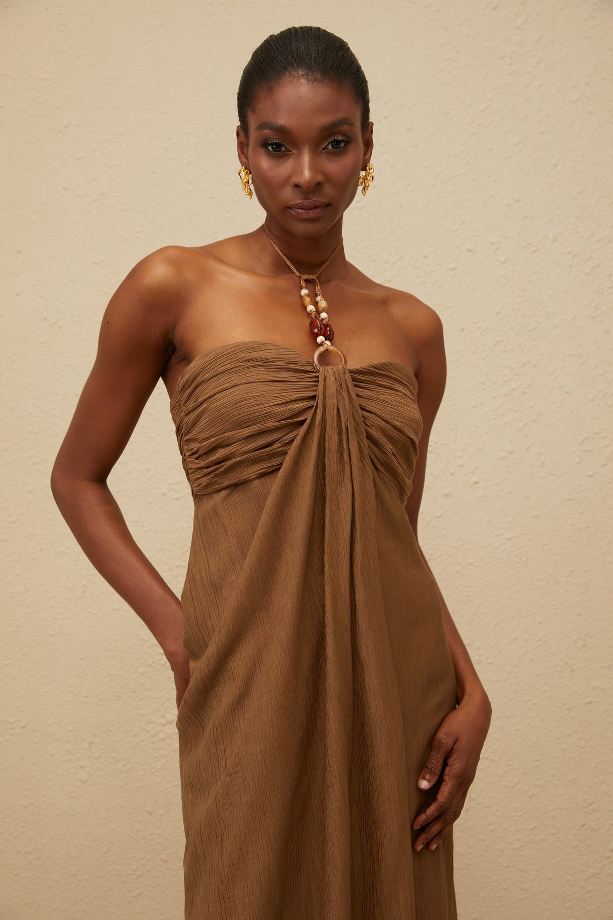 Aurohaya Ludivine Brown Ruched Maxi Dress with Beaded Straps