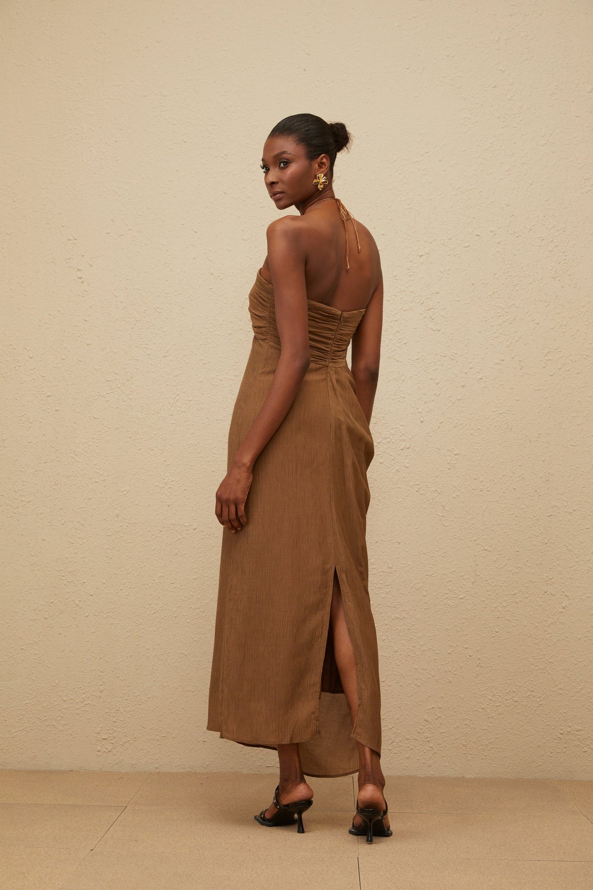 Aurohaya Ludivine Brown Ruched Maxi Dress with Beaded Straps