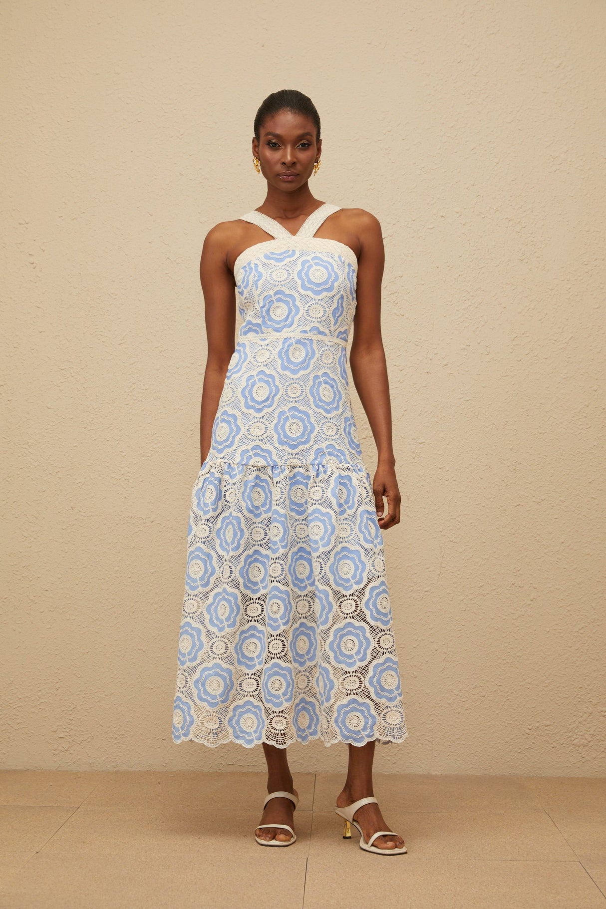 Aurohaya Frivole Blue Crochet Floral Midi Dress