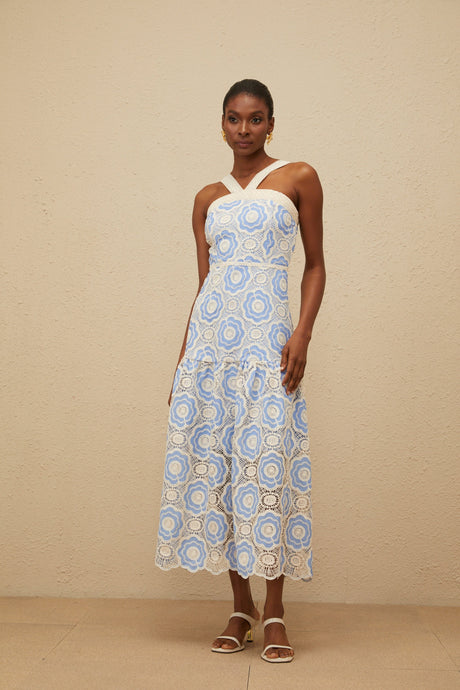 Aurohaya Frivole Blue Crochet Floral Midi Dress