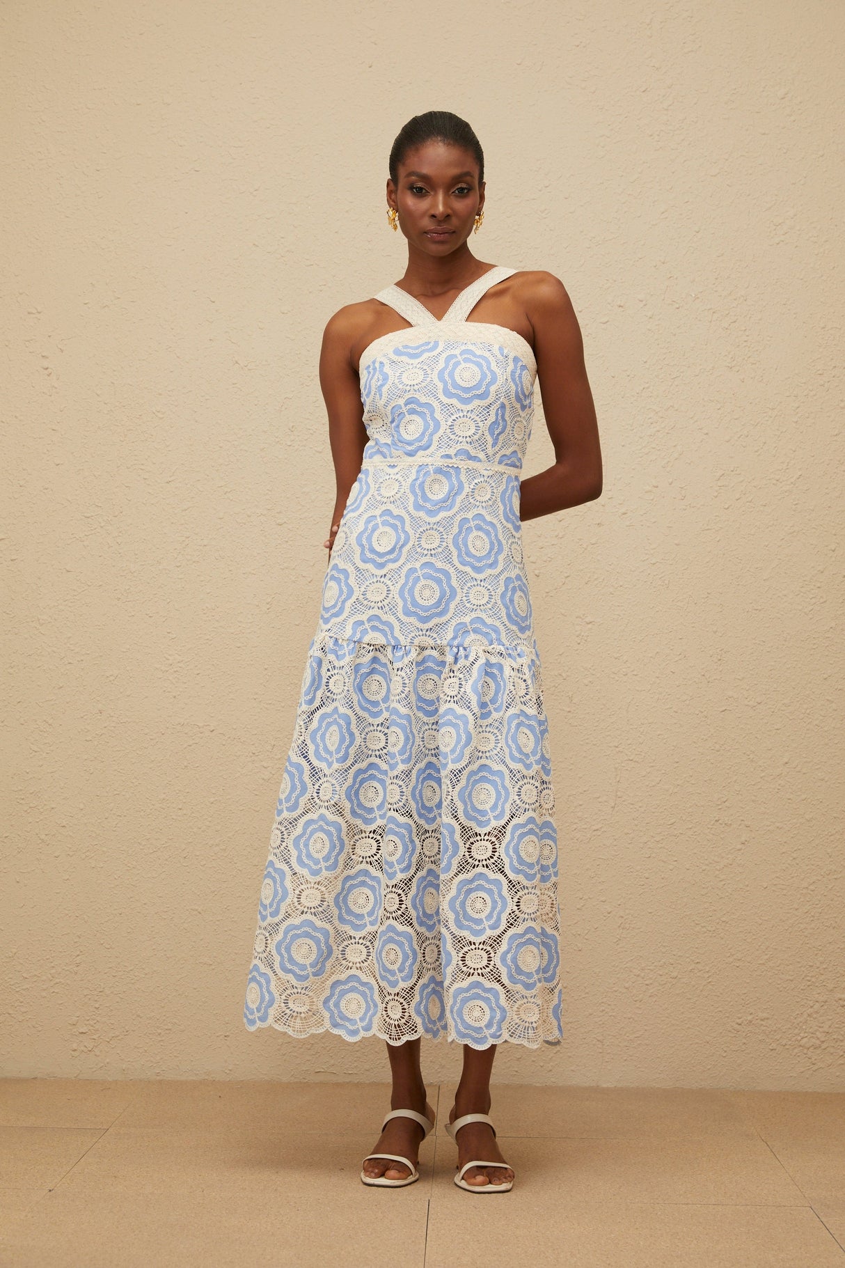 Aurohaya Frivole Blue Crochet Floral Midi Dress