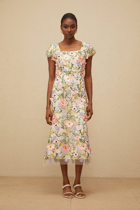 Aurohaya Enjouée Neutral Floral Embroidered Midi Dress