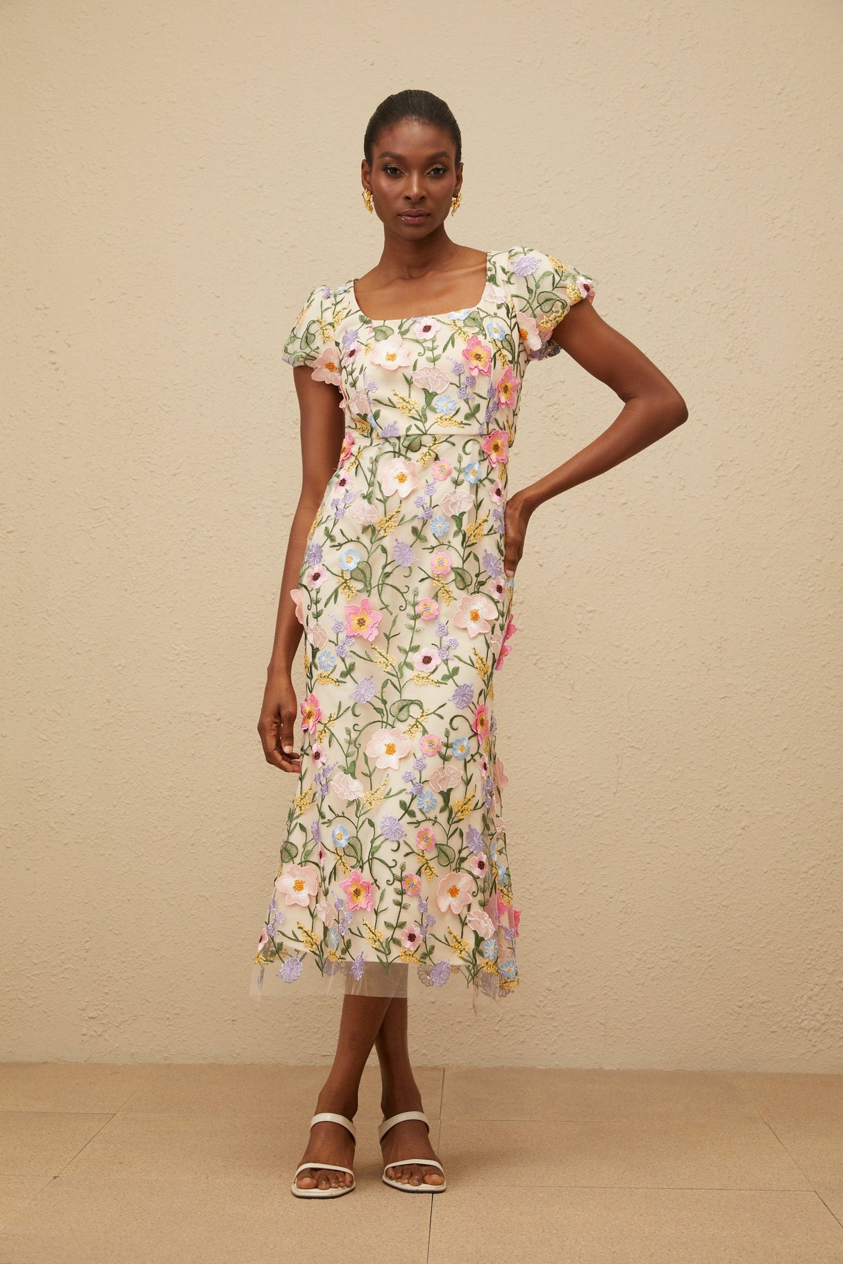 Aurohaya Enjouée Neutral Floral Embroidered Midi Dress