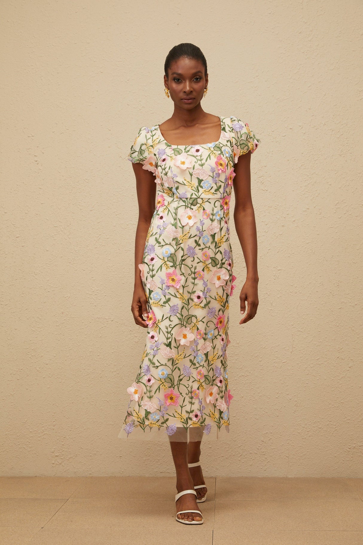 Aurohaya Enjouée Neutral Floral Embroidered Midi Dress