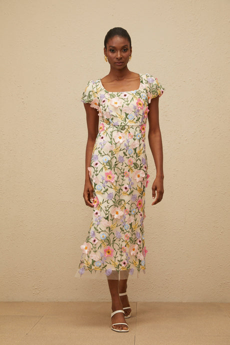 Aurohaya Enjouée Neutral Floral Embroidered Midi Dress
