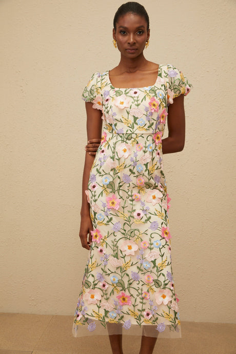 Aurohaya Enjouée Neutral Floral Embroidered Midi Dress
