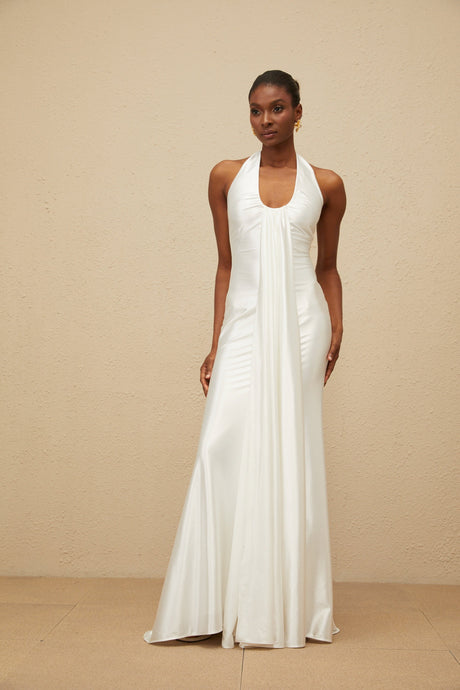 Aurohaya Céleste White Ruched Satin Maxi Dress