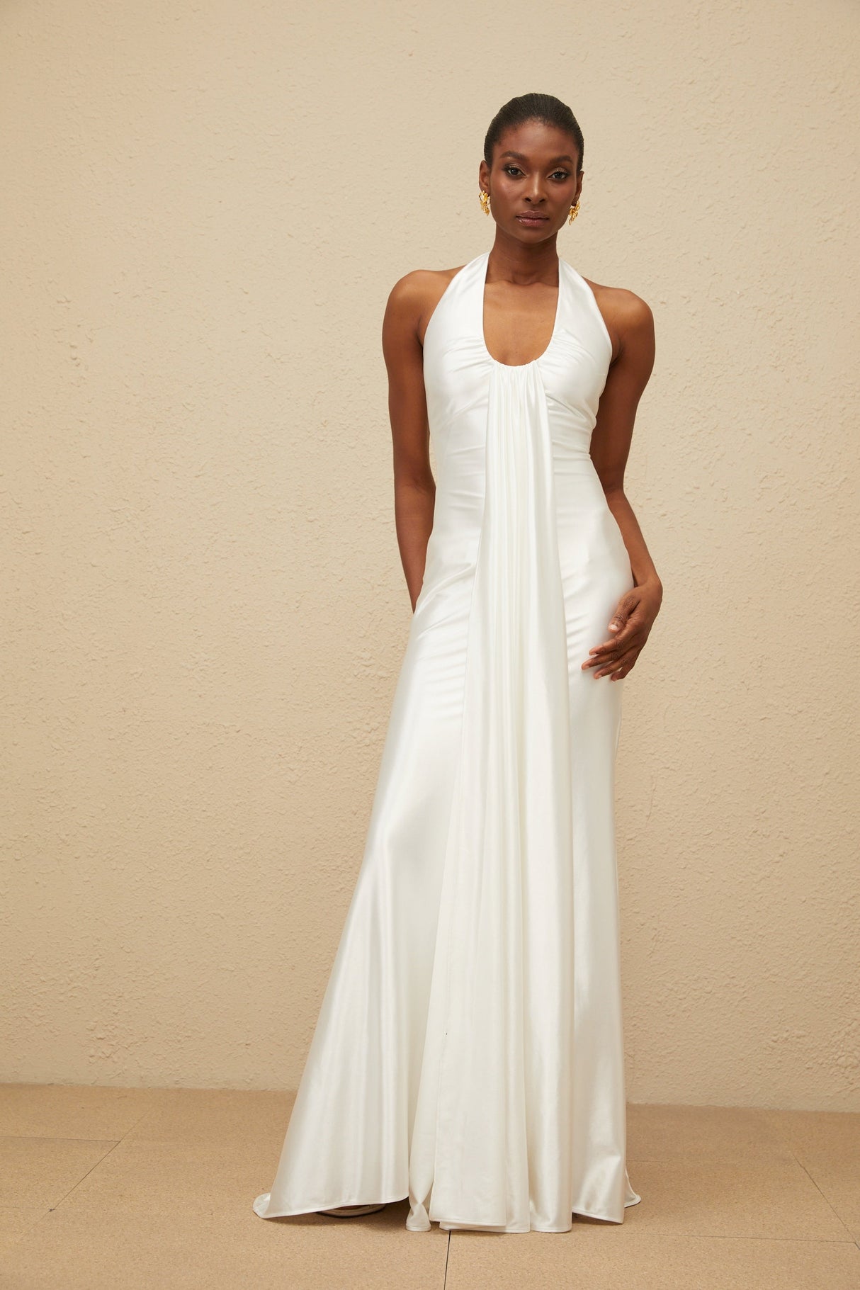 Aurohaya Céleste White Ruched Satin Maxi Dress
