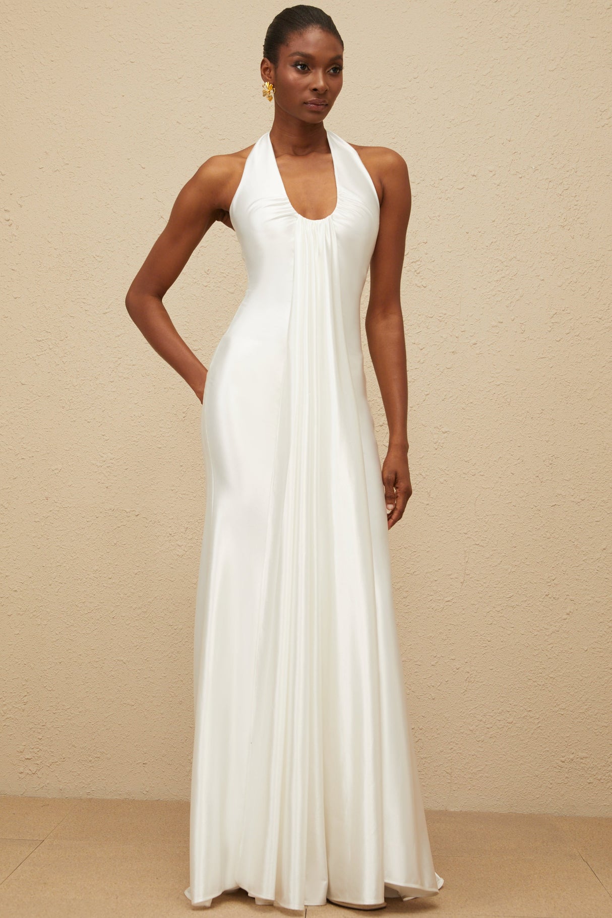 Aurohaya Céleste White Ruched Satin Maxi Dress