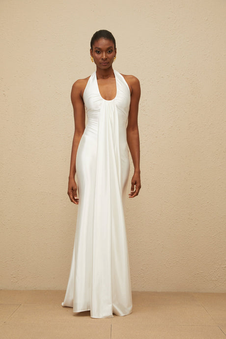 Aurohaya Céleste White Ruched Satin Maxi Dress