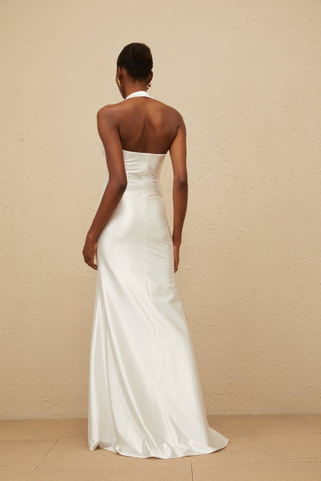 Aurohaya Céleste White Ruched Satin Maxi Dress