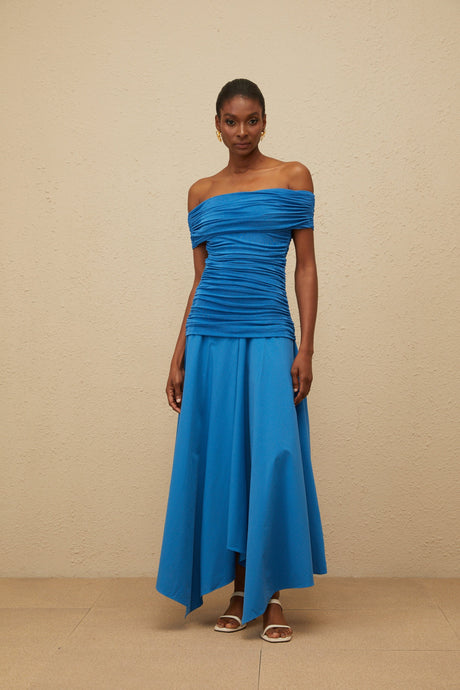 Aurohaya Amélie Blue Off-Shoulder Ruched Maxi Dress