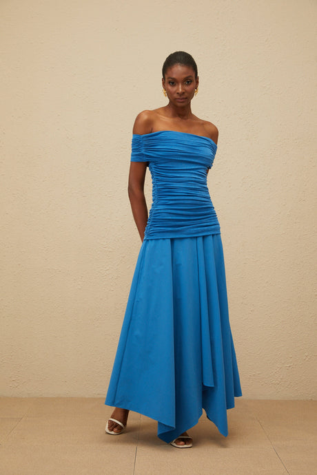 Aurohaya Amélie Blue Off-Shoulder Ruched Maxi Dress