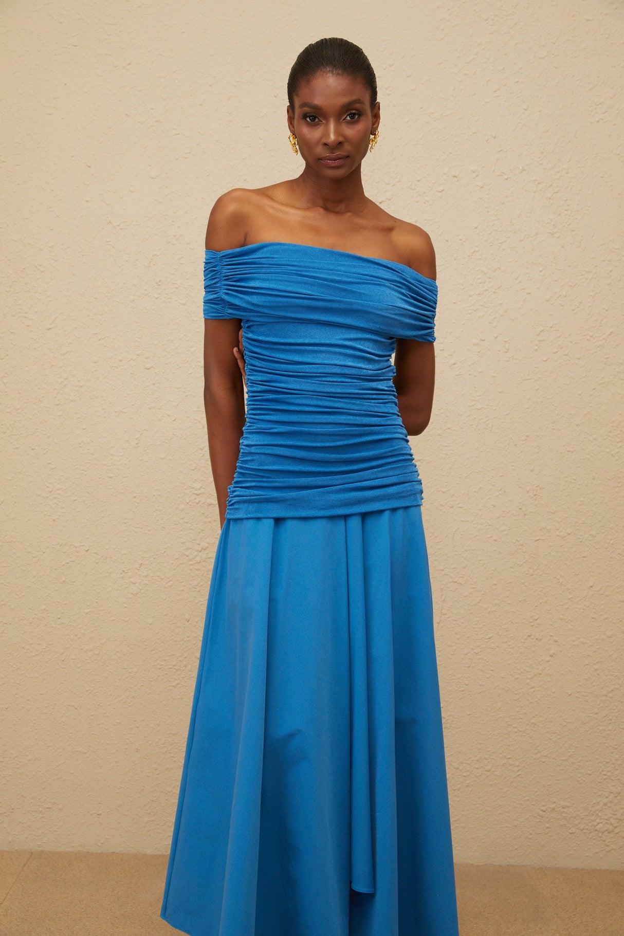 Aurohaya Amélie Blue Off-Shoulder Ruched Maxi Dress