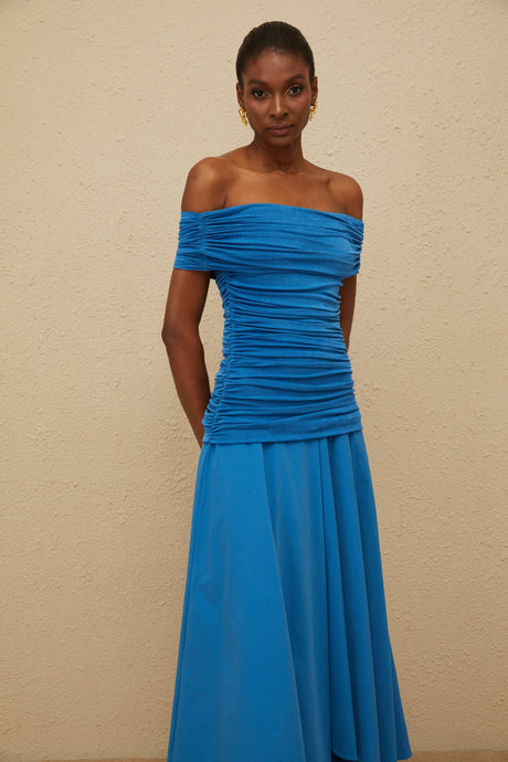 Aurohaya Amélie Blue Off-Shoulder Ruched Maxi Dress