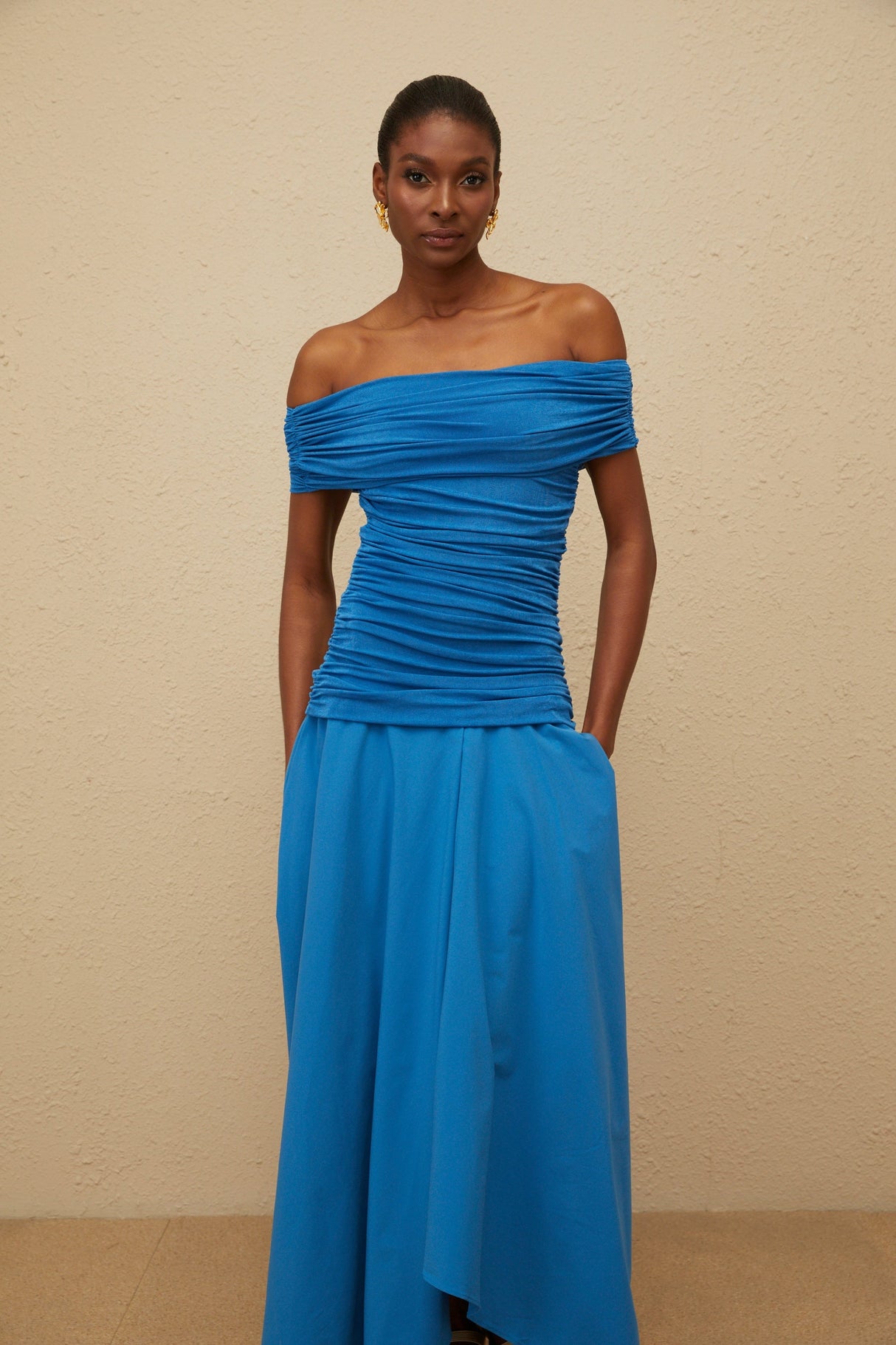 Aurohaya Amélie Blue Off-Shoulder Ruched Maxi Dress