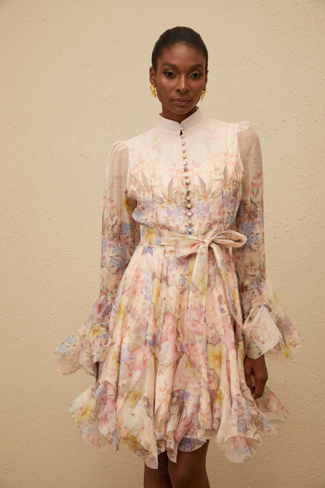 Aurohaya Aya Pink Godet Floral Mini Dress