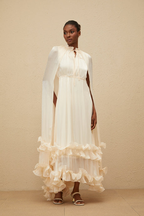 Aurohaya Intemporelle Neutral Cape Pleated Midi Dress